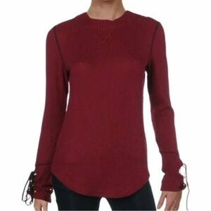 Free People Burgundy Crew Neck Sweater Lace Up Sleeves Size Large EUC Boho